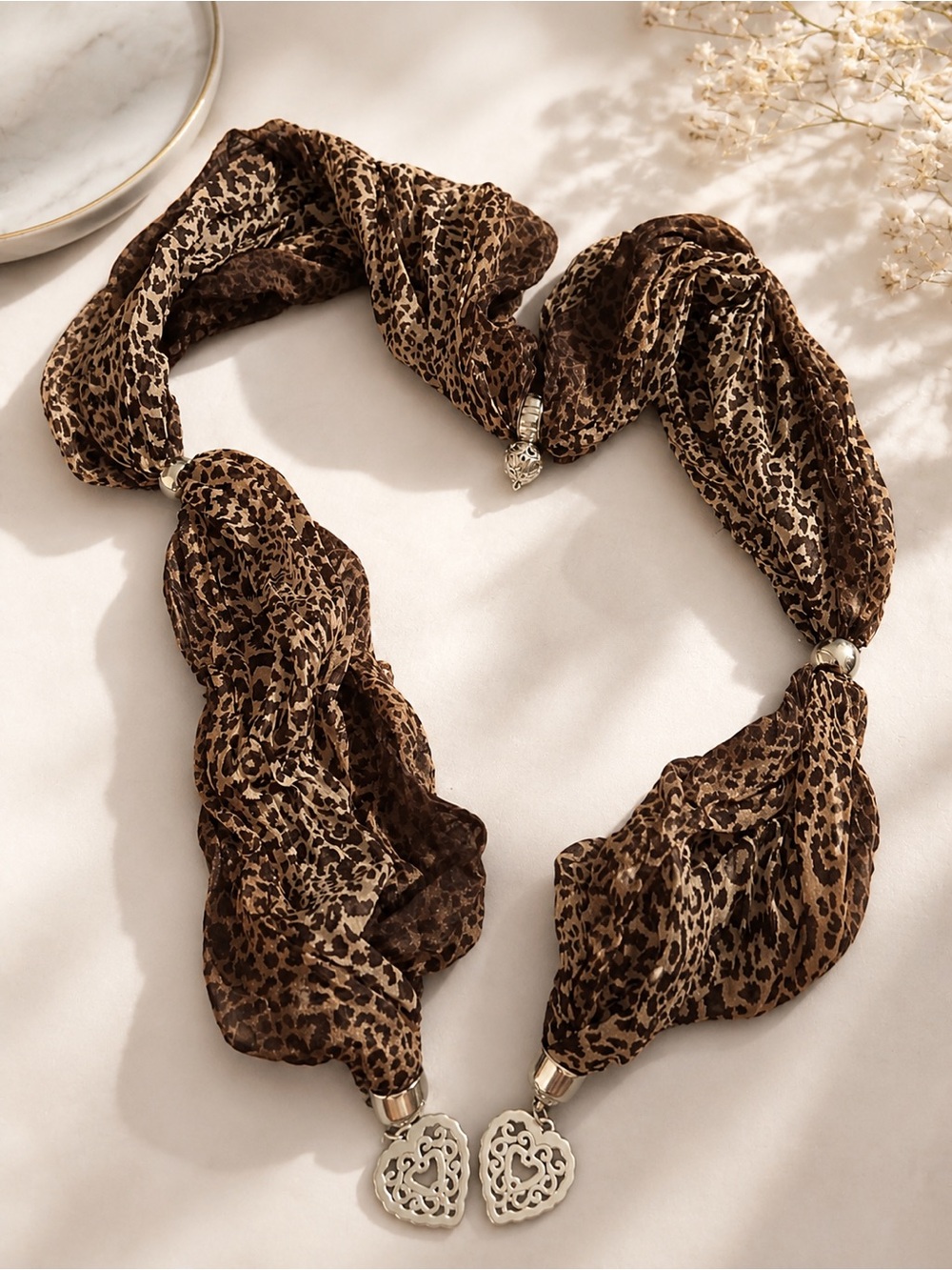 Leopard Print Brown Heart Pendant Scarf Necklace